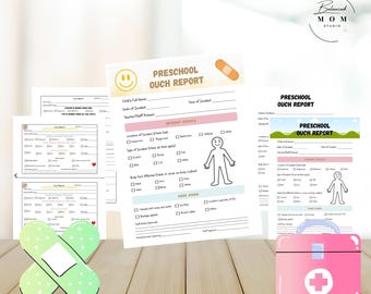 May include: A collection of printable preschool incident report templates. The reports feature sections for incident details, care given, and a child's full name. The design includes a smiling face, a bandage, and a pink first aid kit.