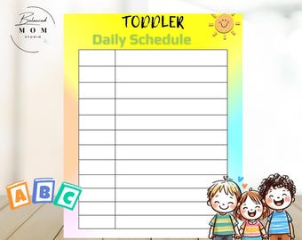 May include: A printable daily schedule template for toddlers. The template has a yellow background with a smiling sun and the words "Toddler Daily Schedule". The template is customizable and can be used in Canva.