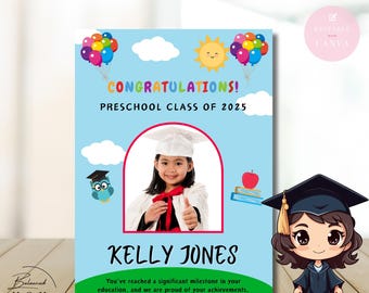 Editable Preschool Graduation Invitation & Digital Evite | Colorful End-of-Year Invite for Pre-K Class of 2025 | Easy Customize Using Canva