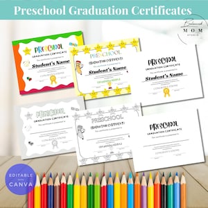 Vorschul-Abschluss-Zertifikate | Bearbeitbare Canva Vorlage + Druckbares Schwarz / Weiß Diplom | Kinderfreundlich und DIY für Lehrer und Schüler