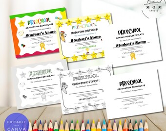 May include: Six printable preschool graduation certificates with different designs. Each certificate features a colorful cartoon illustration of a pencil, stars, and other school-related items. The text on the certificates reads "Preschool Graduation Certificate".
