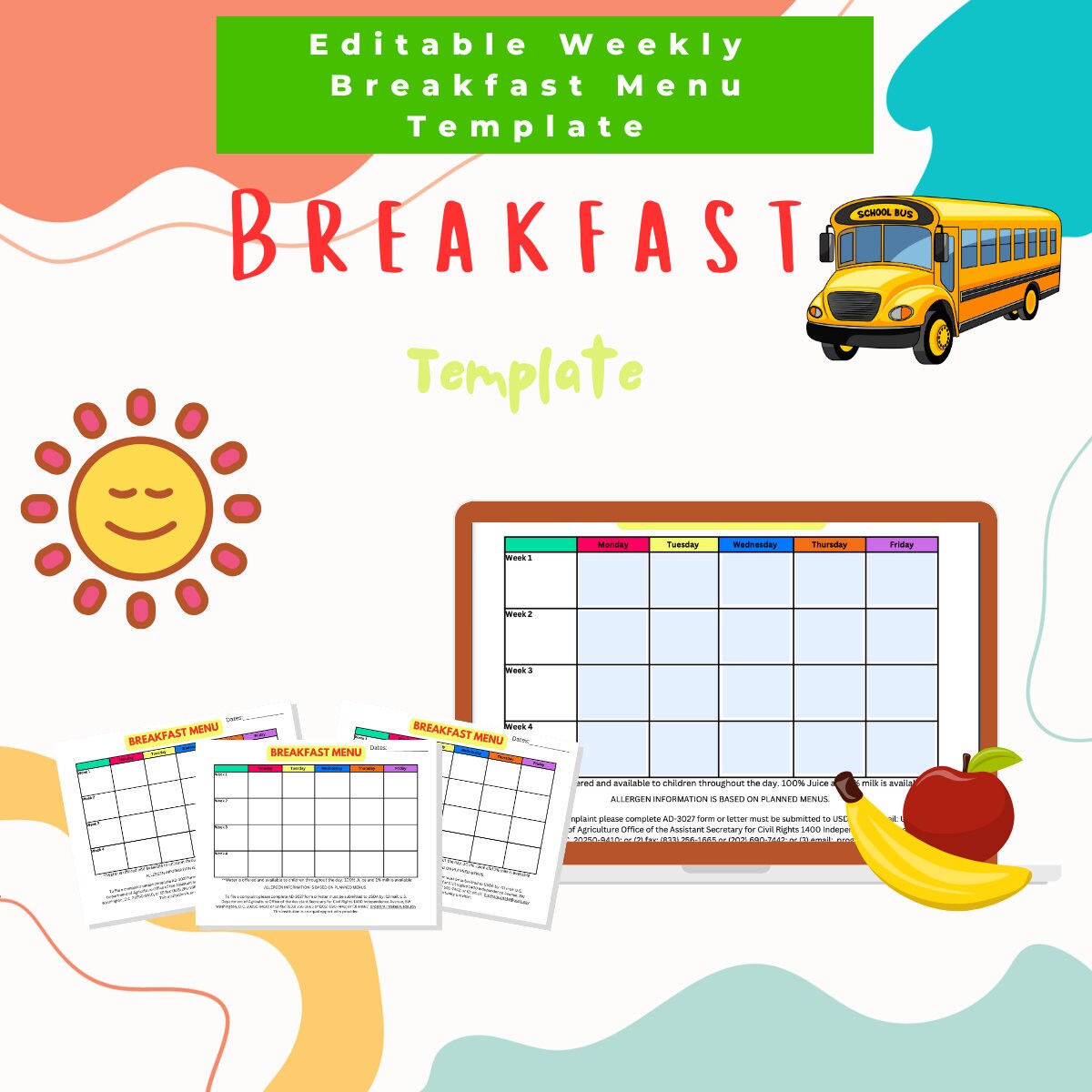 Editable Weekly Breakfast Menu Template Preschool Menu - Etsy