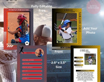 May include: Two editable baseball card templates. The first card features a young girl in a catcher's position with the text "Diamond Dominators" and "Virginia" on the card. The second card features a young boy in a baseball uniform with the text "Carlos Core" and "First Baseman" on the card. The text "You Get 2 Editable Designs" is at the top of the image. The text "Fully Editable Free" is below the first card. The text "Digital Download" is above the second card. The text "Add Your Photo" is below the second card. The text "Front" is below the first card. The text "Back" is below the first card. The text "Front" is below the second card. The text "Back" is below the second card. The text "2.5" x 3.5" Size" is below the second card. The text "Highlights" is below the second card. The text "Team Name", "Birthday", "Hometown", and "Team" are on the second card.