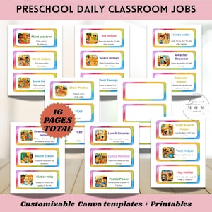 May include: A collection of printable preschool classroom job charts. Each chart features a colorful border and illustrations depicting various classroom tasks, such as "Plant Waterer" and "Line Leader." The text "PRESCHOOL DAILY CLASSROOM JOBS" is at the top.