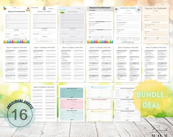 May include: A digital product bundle for daycare providers, featuring 16 printable and fillable forms. The bundle includes tax statements, deduction charts, payment receipts, and a "Bundle Deal" label. The image is set against a woodgrain background with a green and yellow blurred background.