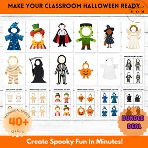 以下が含まれることがあります： 教室でのハロウィーンをテーマにした切り抜きコレクション。魔術師、天使、ミイラ、カボチャなど、さまざまな衣装が含まれています。「教室をハロウィーンの準備をしましょう」と「数分で不気味な楽しさを生み出しましょう！」というテキストがあります。