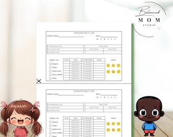 May include: Two printable toddler daily log sheets with customizable Canva templates. Each sheet features a cartoon illustration of a child, a checklist for supplies, and a table to track feeding times, diaper changes, and mood.