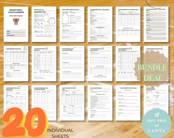 May include: A collection of 20 printable and customizable Canva templates for a youth basketball coach binder. The templates include forms for team rosters, injury reports, game day schedules, and more. The binder is designed to help coaches organize their season.
