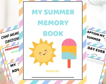 May include: A white summer memory book with the text "MY SUMMER MEMORY BOOK" in blue. The cover features a smiling yellow sun and a colorful popsicle illustration. The book is surrounded by other pages with summer-themed text and illustrations.