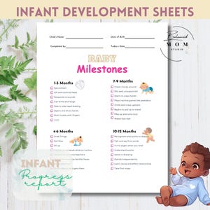 Tracker voor ontwikkelingsmijlpalen voor baby's| Logboek baby's| Mijlpalen en voortgangsrapport baby | Bewerkbare canvassjabloon | Afdrukbare kleuropties