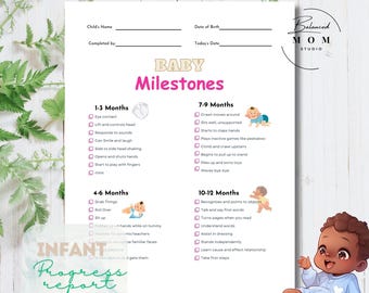May include: A printable baby milestone chart with a pink and blue color scheme. The chart lists developmental milestones for babies from 1 to 12 months. The chart includes checkboxes for each milestone. The chart also includes illustrations of babies.