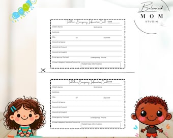 May include: Two printable toddler emergency information cards with a black and white border. The cards have fields for the child's name, nickname, address, city, state, zip code, parent's name, parent's phone number, parent's email address, emergency contact, known allergies or medical concerns, emergency phone number, and pediatrician information. The cards are illustrated with a cartoon girl and a cartoon boy.