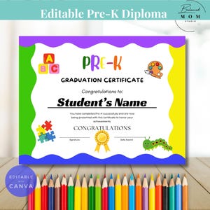 Pre-K vollständig bearbeitbare Abschlussvorlage | Druck PDF enthalten | Perfektes Meilenstein-Abschlussgeschenk für Kinder | Canva Vorlage für Lehrer