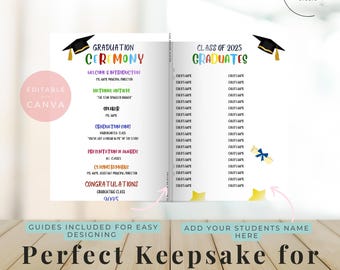 Pre-K Graduation Program Template | Editable Free Using Canva| Kids Ceremony Script + Class List | Color + B&W Versions | Class of 2025