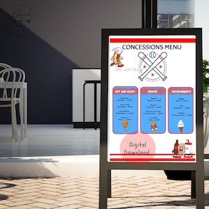 May include: A red, white, and blue concession stand menu with a baseball theme. The menu lists hot and ready items, snacks, and refreshments. The text on the menu reads "Concessions Menu", "Hot and Ready", "Snacks", "Refreshments", and "Digital Download".