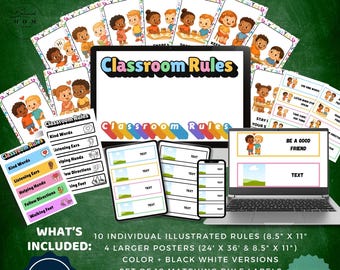 May include: A bundle of classroom rules materials, including illustrated rules, posters, and labels. The image shows a laptop, tablet, and smartphone displaying the rules. The posters are 8.5 x 11 inches and 24 x 36 inches.