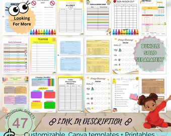 May include: A set of 47 printable classroom forms for toddlers. The forms include a daily schedule, cleaning checklist, potty training chart, food allergy sheet, sign in/sign out sheet, and more. The forms are customizable and can be used in a classroom or at home. The text on the image reads "Ultimate Toddler Classroom Forms" and "Bundle Sold Separately".