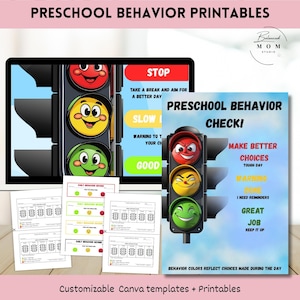 May include: Printable preschool behaviour resources with a traffic light theme. The image shows a digital display and printed sheets. The traffic lights have faces with expressions. The text includes "STOP", "SLOW", and "GOOD".