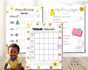 May include: Potty training charts and checklists with a smiling toddler. The image includes a sticker chart, a toddler potty chart, and a potty training supplies checklist. The charts are decorated with stars and colorful illustrations.
