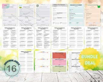 May include: A digital download bundle of 16 printable and fillable childcare tax forms. The forms are customizable Canva templates. The bundle includes a childcare tax statement, a cheat sheet for deductions, and a payment receipt. The text "CHILDCARE TAX BUNDLE" is at the top of the image. The text "INDIVIDUAL SHEETS 16" is in a circle at the bottom left of the image. The text "BUNDLE DEAL" is in a circle at the bottom right of the image.