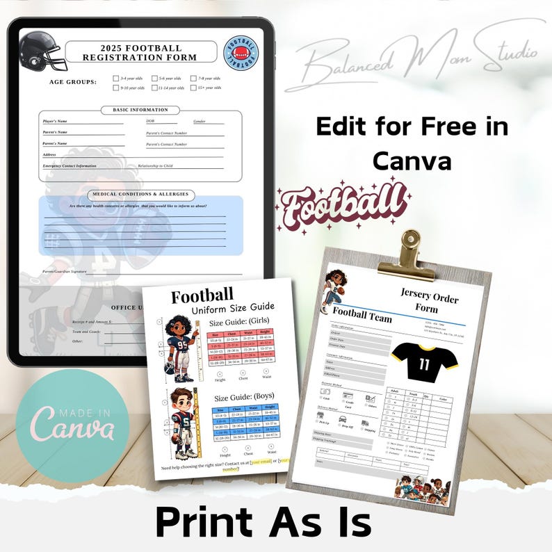Football Registration & Uniform Order Forms: Canva Template (digital ...