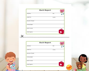 May include: Printable "Ouch Report" forms for toddlers, featuring a heart and a first aid kit. Customizable Canva templates for easy editing.