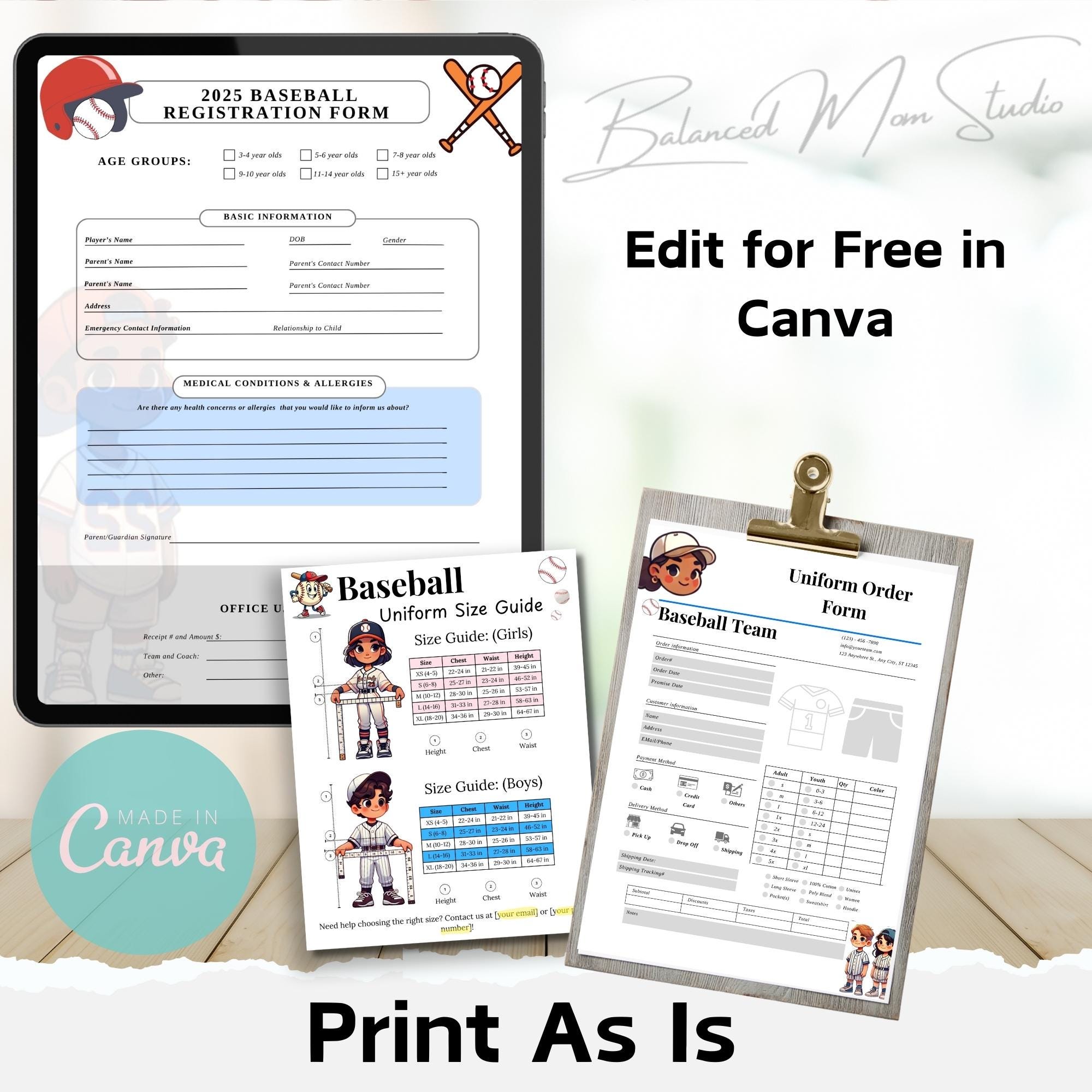 Baseball Registration & Order Form: Editable Canva Template (digital ...