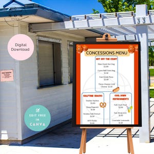 May include: A printable concession stand menu with a basketball theme. The menu is orange and blue with a basketball graphic and text that reads "Concessions Menu". The menu lists food and drink items with prices, including "Hot Off The Court", "Slam Dunk Hot Dog", "Curve Ball Corn Dog", "Fast Break Pizza", "Three-Pointer Grill Cheese", "Dunkin Nachos", "Hoop Popcorn", "Swishin Soft Pretzel", "MVP Pickle", "Cool Down Refreshments", "Full Court Float", "Fast Break Ice", and "Courtside Lemonade".