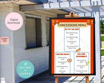 May include: A printable concession stand menu with a basketball theme. The menu is orange and blue with a basketball graphic and text that reads "Concessions Menu". The menu lists food and drink items with prices, including "Hot Off The Court", "Slam Dunk Hot Dog", "Curve Ball Corn Dog", "Fast Break Pizza", "Three-Pointer Grill Cheese", "Dunkin Nachos", "Hoop Popcorn", "Swishin Soft Pretzel", "MVP Pickle", "Cool Down Refreshments", "Full Court Float", "Fast Break Ice", and "Courtside Lemonade".