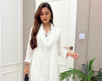 Diseñador paquistaní kurta plazzo set con dupatta para mujer, conjunto kurta pent blanco, listo para usar salwar kameez, traje para el festival EID