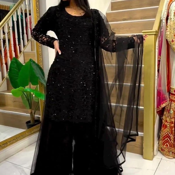 Beautiful Partywear Sharara Suit With Dupatta For Womens, Indian Designer Ethnic Suit For Wedding,Readymade suit, Black Shining Sharara suit