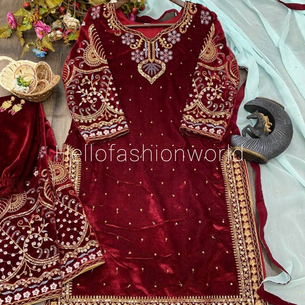 Designer Red Pakistani velvet kurta set with dupatta, Partywear Readymade suits, Salwaar Kameez 3pcs, Winter kurta suits, ethnic wear