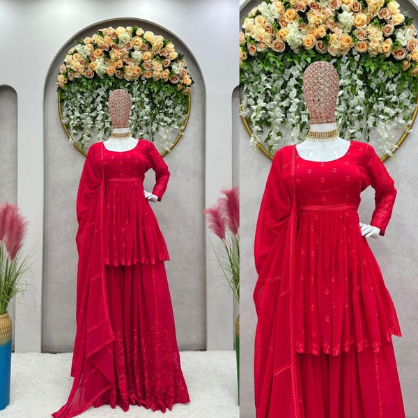 Bollywood Inspired Designer Indian Sharara kurta with dupatta set, Partywear dresses, Beautiful Red salwaar kameez 3PC, Georgette suit