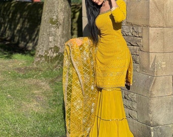 Beau costume Sharara jaune avec dupatta pour robe Haldi, Costume ethnique de créateur indien pour mariage, Costume pour fonction Haldi, Costume prêt à l'emploi