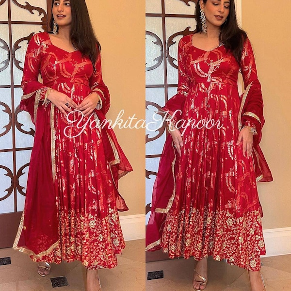 Eid Special Georgette Red Sharara Suit Avec Dupatta, prêt à porter salwar kameez pour l'Aïd, Vêtements de mariage 3 pc
