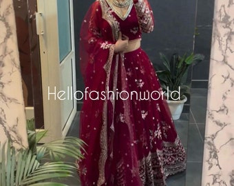 Diseñador rojo lehenga choli set con dupatta para bodas, Chania choli set, vestidos de novia confeccionados, ropa étnica, trabajo de bordado lehenga