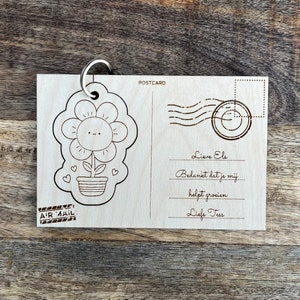 Houten wenskaart, kaart met sleutelhanger, verjaardagskaart, bedankje, bedankt juf meester, ansichtkaart, postkaart