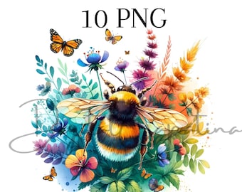 Watercolor Bumblebee Clipart 10 PNG Digital Download Wall Art Digital Paper Craft Printable Art Watercolor Clipart Junk Journal Sublimation