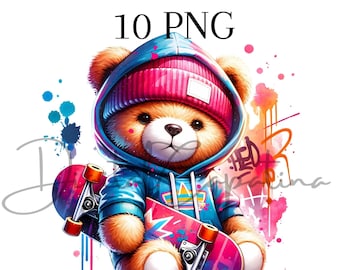 Watercolor Cool Bear Cliparts PNG 10 Sublimation Shirt Hoodie Designs Digital Download Birthday Clipart, Colorful Png Transparent Background