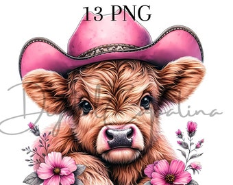 Acuarela Western Highland Vacas 13 PNG Vaca Acuarela Clipart Digital Descargar Medios Mixtos Imprimible Decoración del Hogar Bebé Vaca PNG Flores de Primavera
