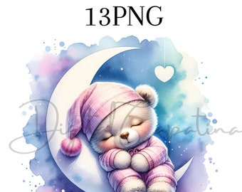 Watercolor Pink Bear Sleeping Cliparts 13 PNG Watercolor Clipart Baby Bear Clipart Digital Download Baby Shower Birthday Nursery Wall Art