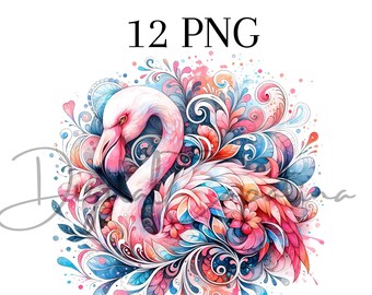 Aquarelle florale de flamants roses 12 PNG en téléchargement numérique, art imprimable, techniques mixtes, artisanat en papier numérique, illustration numérique, aquarelle d'oiseaux