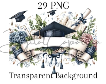 Watercolor Graduation Clipart 29 PNG Digital Download Mixed Media Grad Floral Clipart, Graduation pngs Sublimation Diploma Clipart