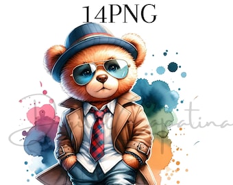 Watercolor Cool Bear Cliparts PNG 14 Sublimation Shirt Hoodie Designs Digital Download Birthday Clipart, Colorful Png Transparent Background