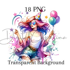 Geburtstag Mädchen Clipart Bundle 18 PNG Aquarell Clipart Alles Gute zum Geburtstag Journaling Sublimation Digitaler Download Geburtstagseinladung PNG