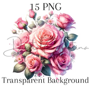 Pink Rose Clipart 15 PNG Rozen Boeket Tuinrozen Digitale Download Mixed Media Digitale Papier Ambachtelijke Bloemenprints Ongewenste Journal Sublimatie