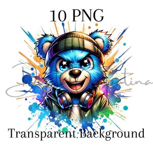 Watercolor Cool Bear Cliparts PNG 10 Sublimation Shirt Hoodie Designs Digital Download Birthday Clipart, Colorful Png Transparent Background