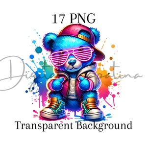 水彩画のクールなネオンベア PNG 17 昇華シャツ パーカー デザイン デジタル ダウンロード バースデー クリップアート ヒップホップ ベア ラッパー ベア