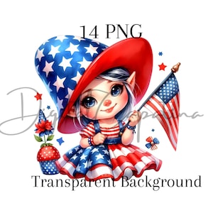 Aquarelle patriotique Gnome Girl Clipart 14 PNG en téléchargement numérique Gnome en papier créatif, technique mixte, sublimation PNG 4 juillet PNG