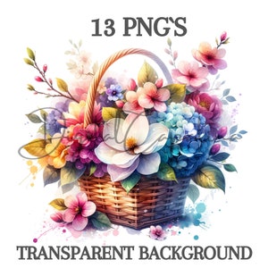 Aquarell Frühlingsblumen Korb Clipart 13 PNG Blumenkorb Digitaler Download Mischtechnik Digitales Papier Handwerk Blumendrucke Junk Journals